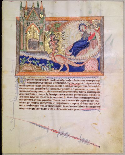 God Rescuing the Male Child from Being Devoured by the Red Dragon, from the Gulbenkian Apocalypse, c.1265-70 by English School